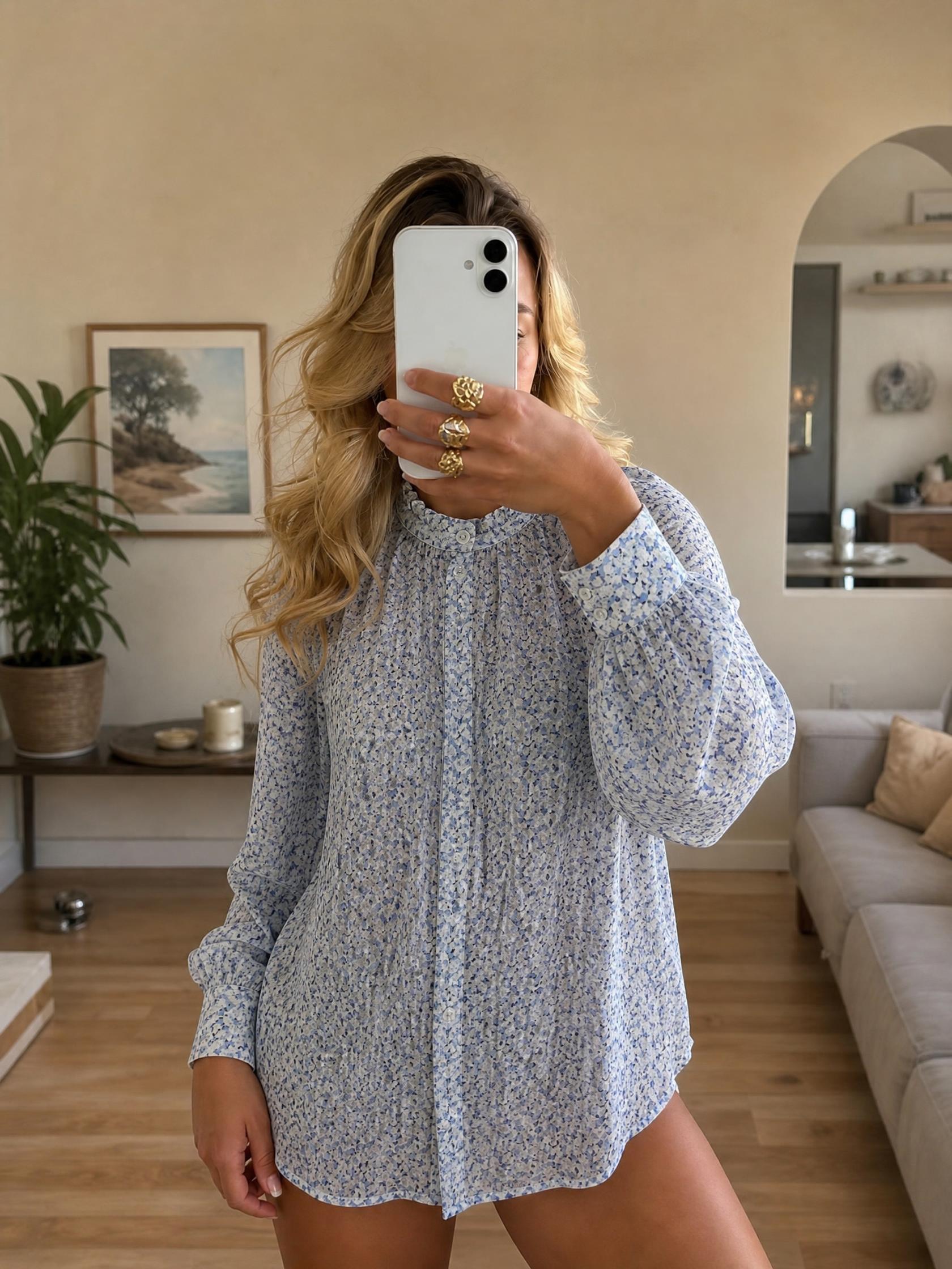 Blue Floral High-Neck Tie Blouse with Long Sleeves