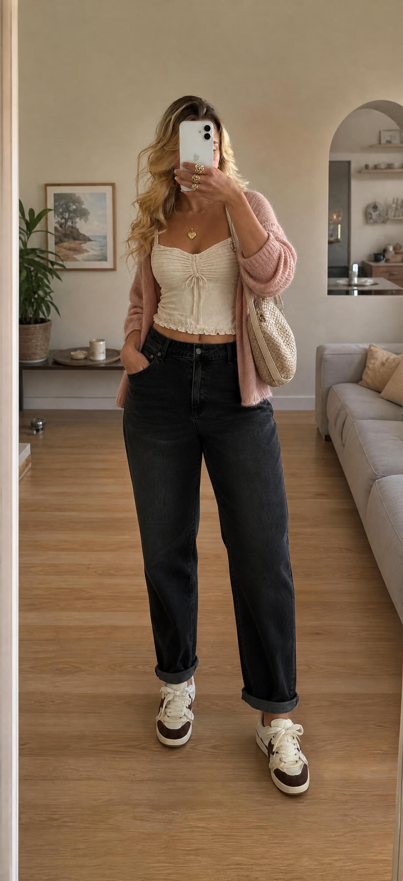 Black high-waisted cuffed straight-leg jeans