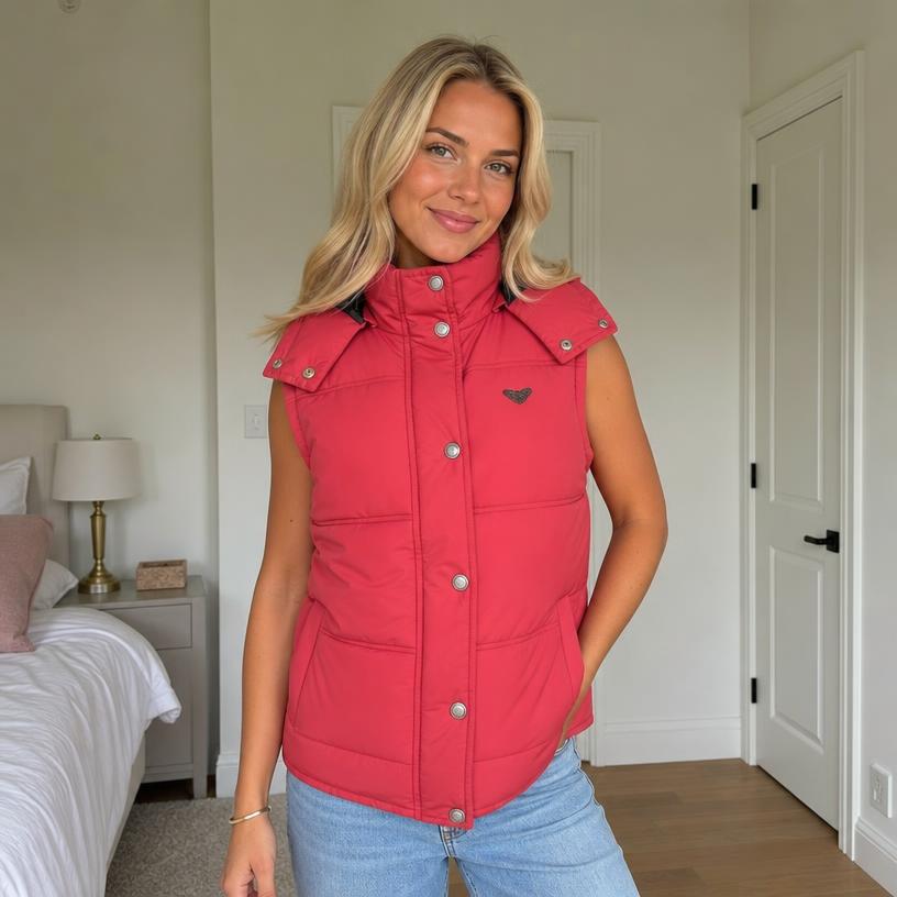 Red quilted padded gilet with high collar – very good