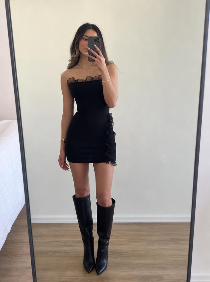 Black Sheer Ruffle Dress – Sleeveless Layered Style