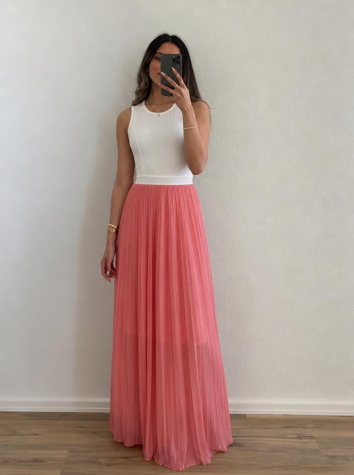 Ivory & coral pleated maxi dress – sleeveless, very good
