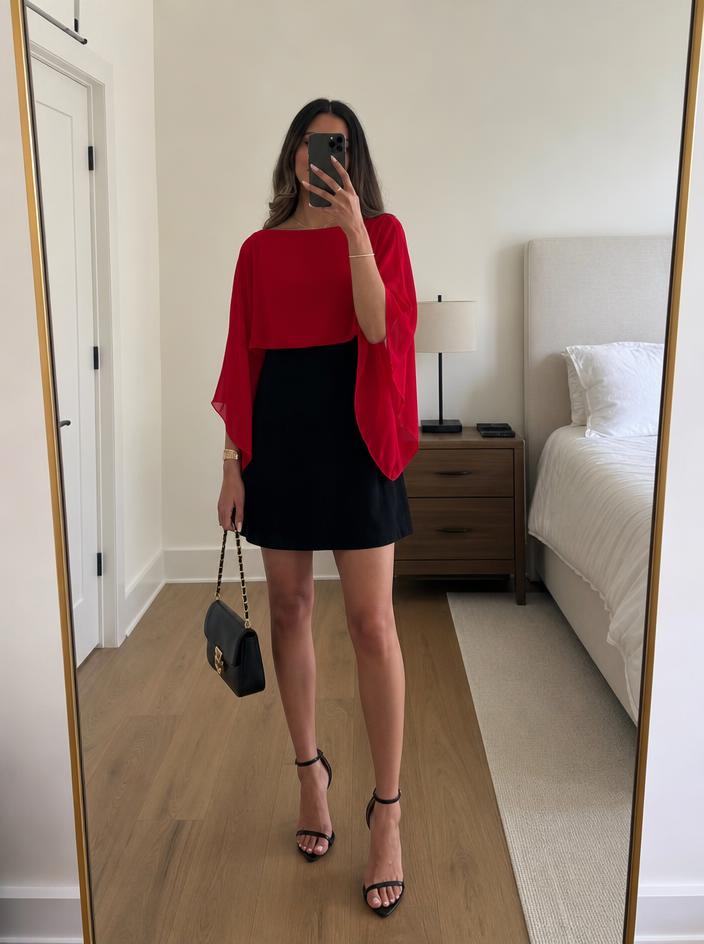Black Dress with Red Sheer Sleeves – Very Good