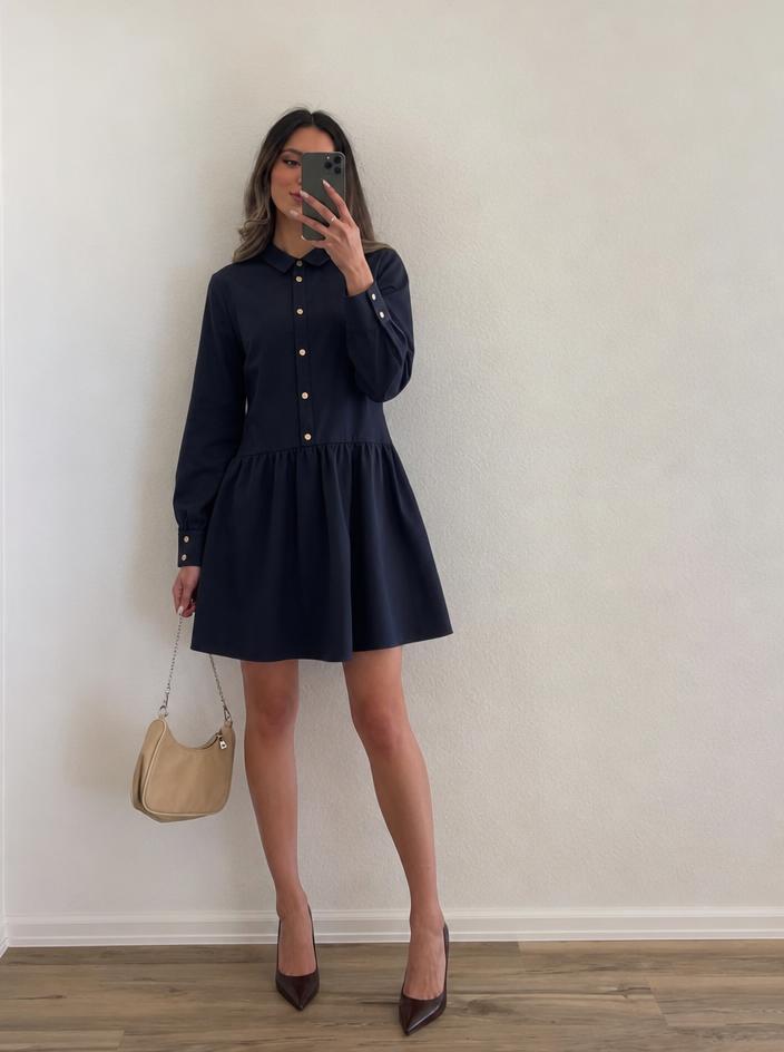 Black collared shirt dress with gold buttons, size 44