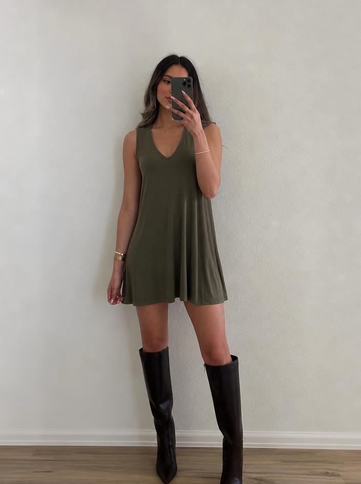 Olive Green Long Sleeve V-Neck Dress – Very Good