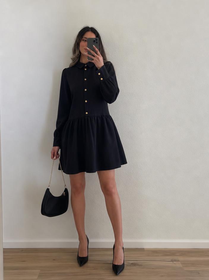 Black Shirt Dress with Gold Buttons, Size 44 – Very Good