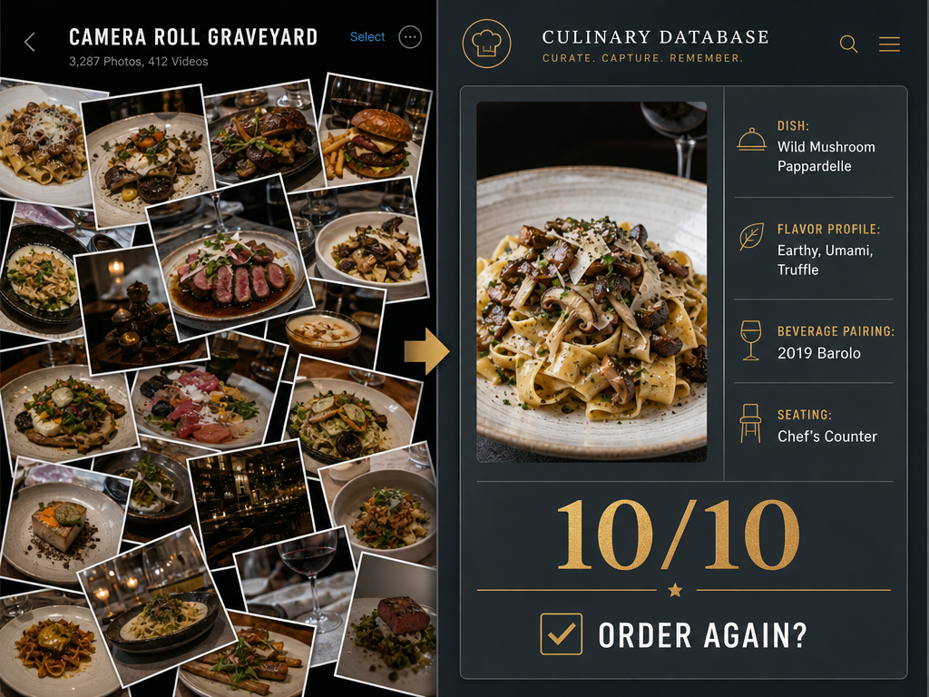 Comparison showing a cluttered smartphone camera roll versus a structured culinary database entry with dish metadata and flavor profiles.