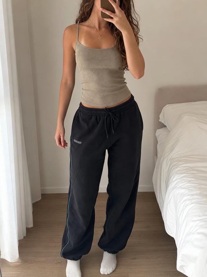 Black sports track pants with blue piping and cuffed hems
