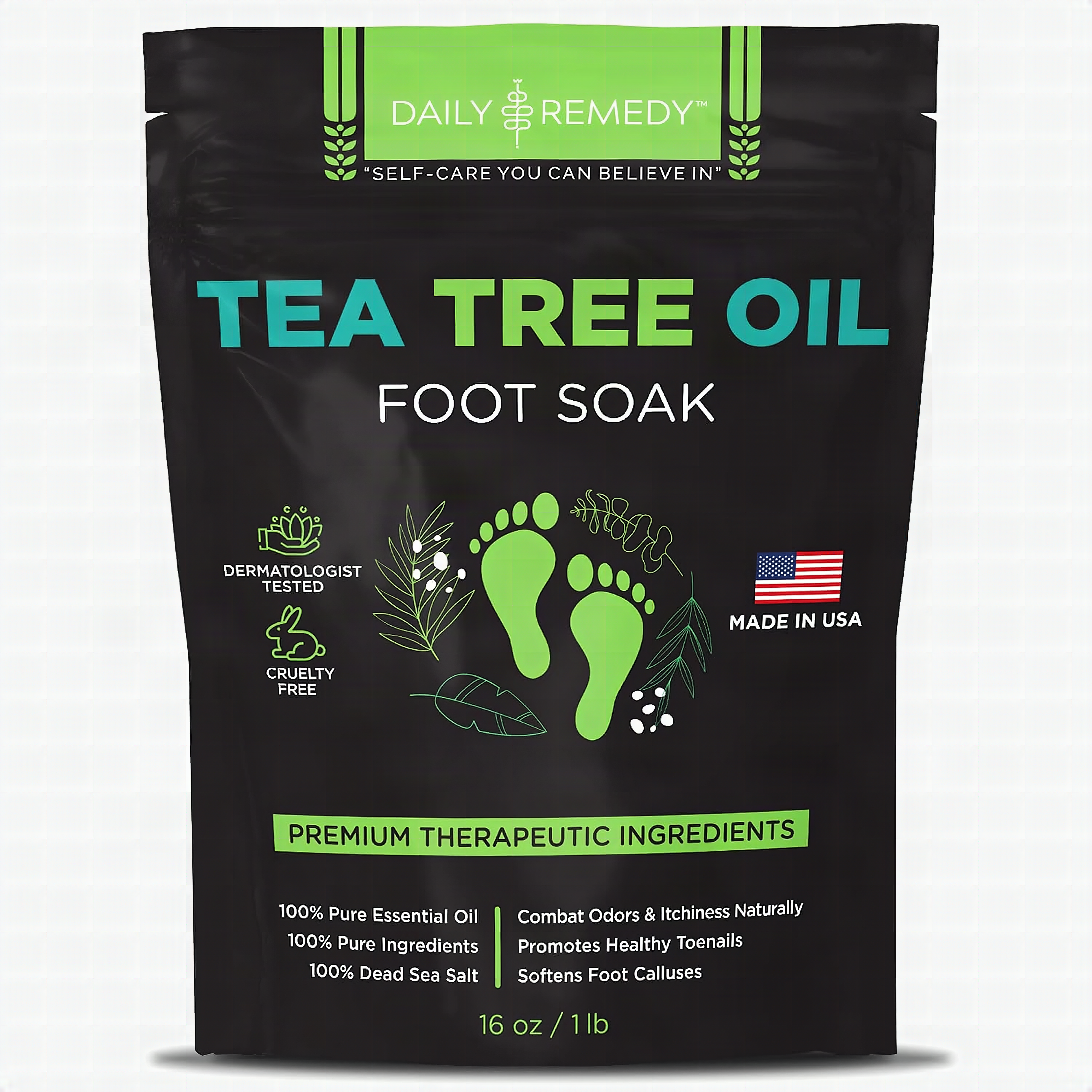 Golden tea tree oil foot soak bottle with epsom salt crystals on dark slate, extreme close-up