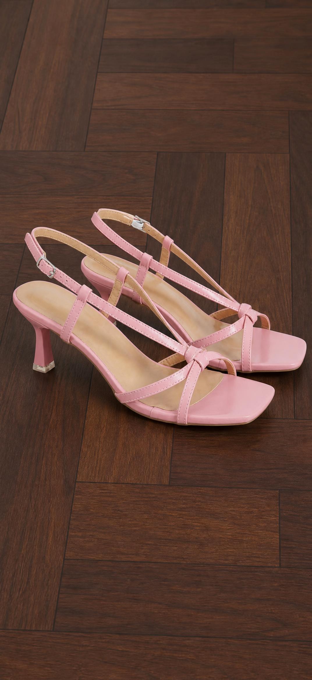 Pink strappy heeled sandals with bow detail – very good