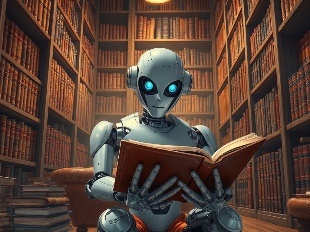 A futuristic humanoid robot sitting in a cozy retro library,