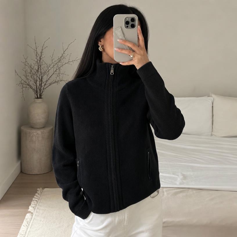 Black Textured Zip-Up Jacket with Funnel Neck – Very Good