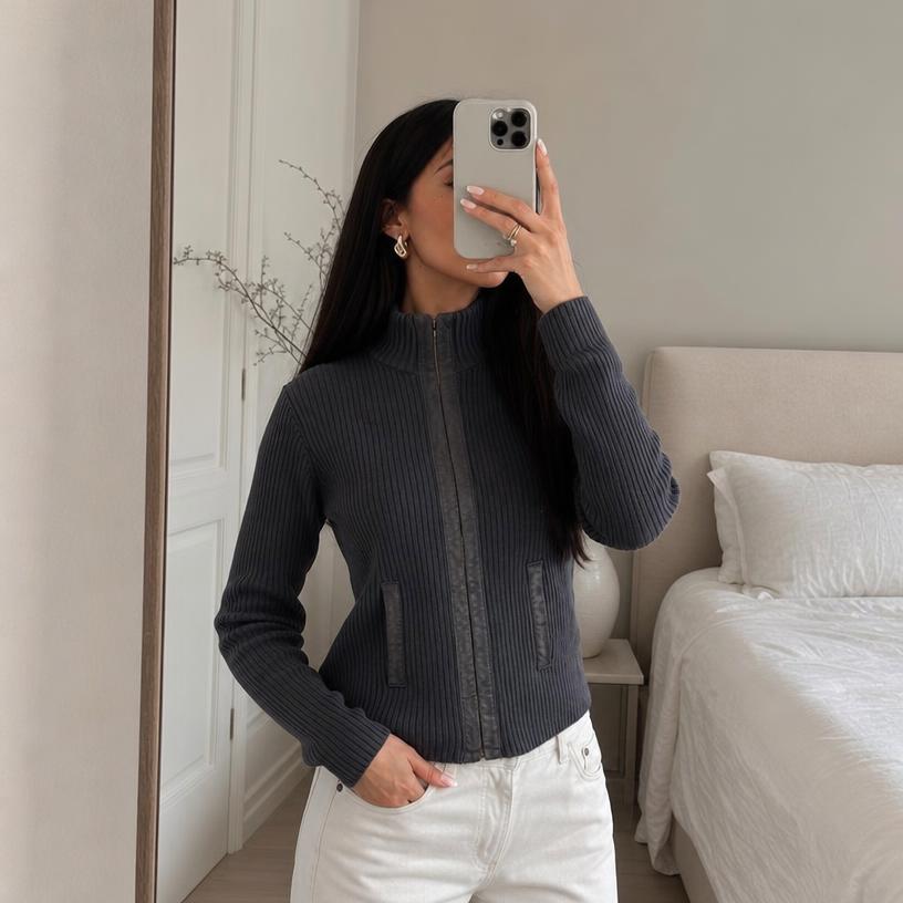 Charcoal Ribbed Zip-Up Knit Jacket with High Collar