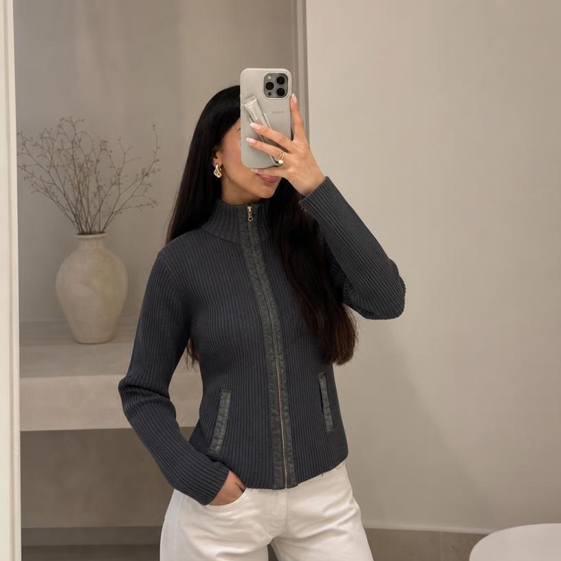 Charcoal Ribbed Zip-Up Jacket with High Neck