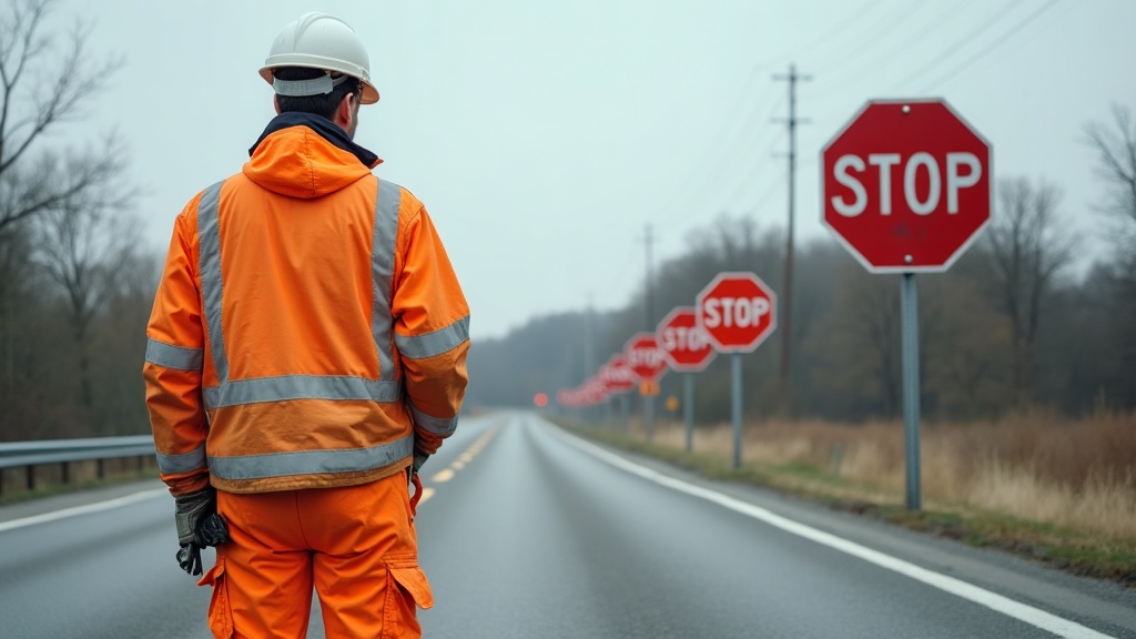Trabajador de construcción vial con equipo completo Clase 3 de alta visibilidad en zona de obras de carretera
