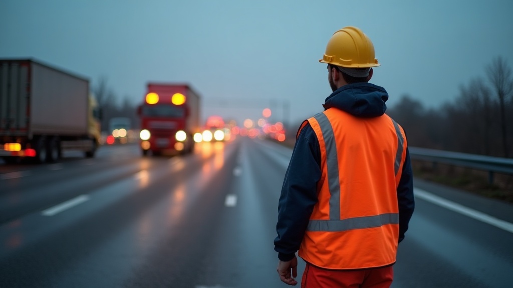 Trabajador en obra vistiendo ropa laboral de alta visibilidad naranja en carretera al atardecer