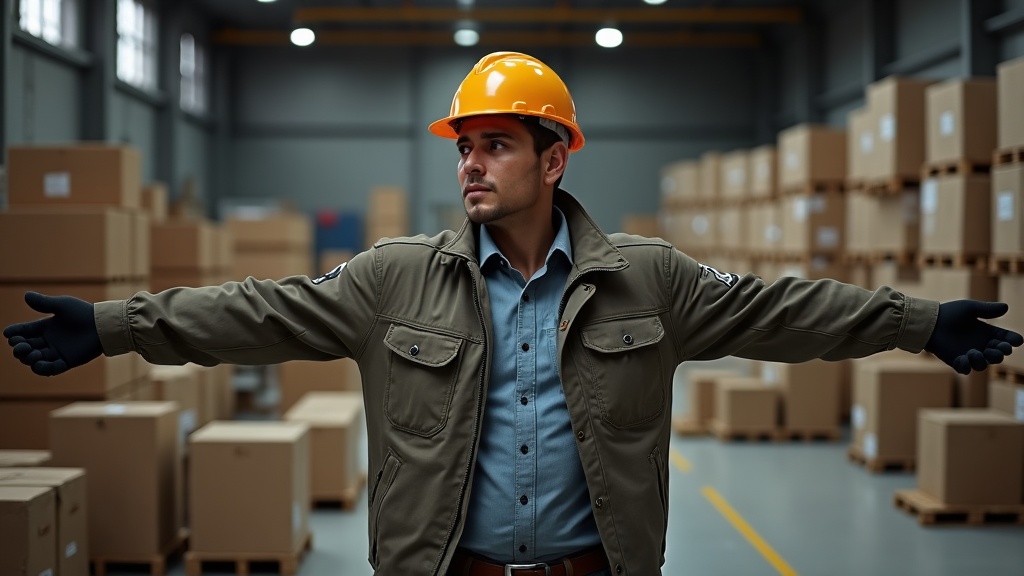 Trabajador probándose chaqueta laboral verificando la talla y el rango de movimiento