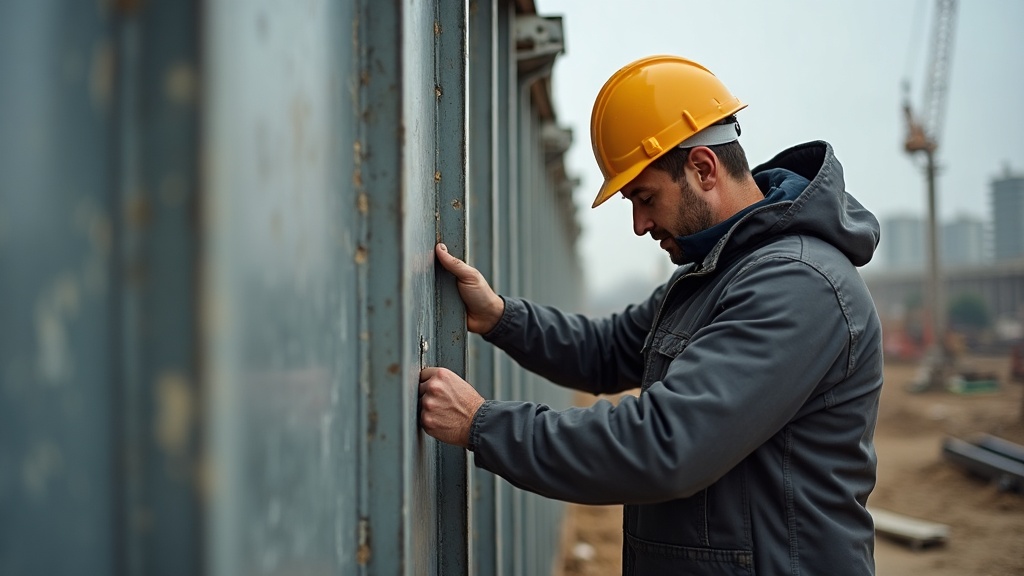 Trabajador con chaqueta de trabajo resistente en obra de construcción
