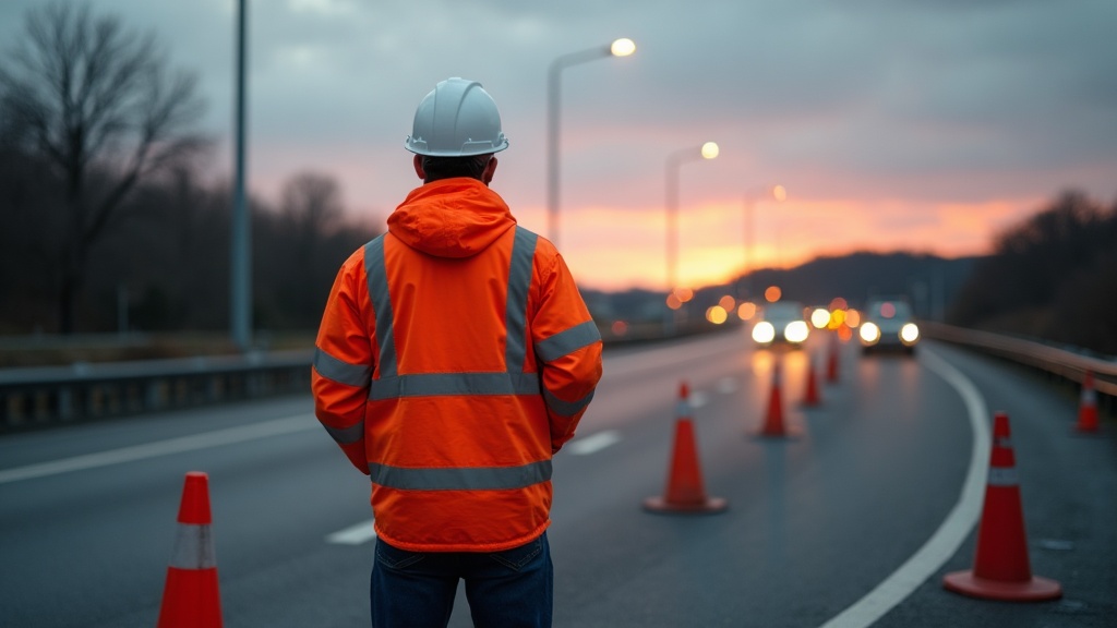 Trabajador en carretera con chaqueta de trabajo alta visibilidad clase 2