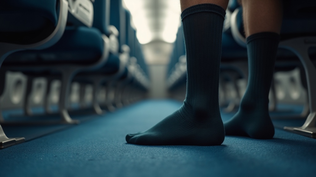 Compression socks on airplane showing ankle compression zone