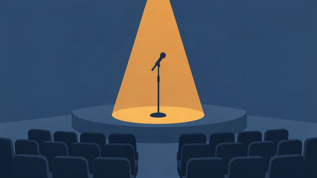 Ilustración editorial: escenario de stand up, agenda cultural en Ituzaingó