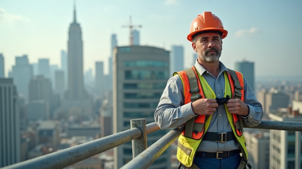 Trabajador ajustando su arnés de seguridad en andamio de construcción en altura