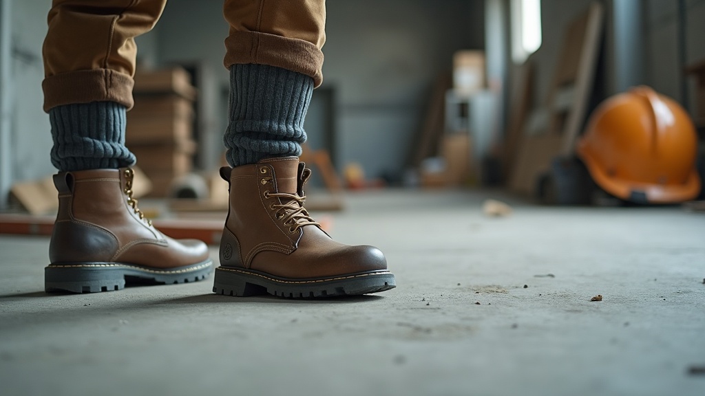 Worker wearing comfort compression socks on a construction jobsite