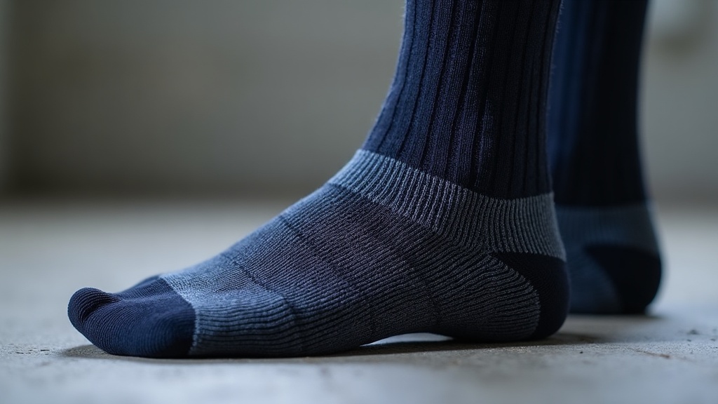 Close-up of graduated compression sock weave showing tight construction at ankle transitioning to lighter knit up the calf