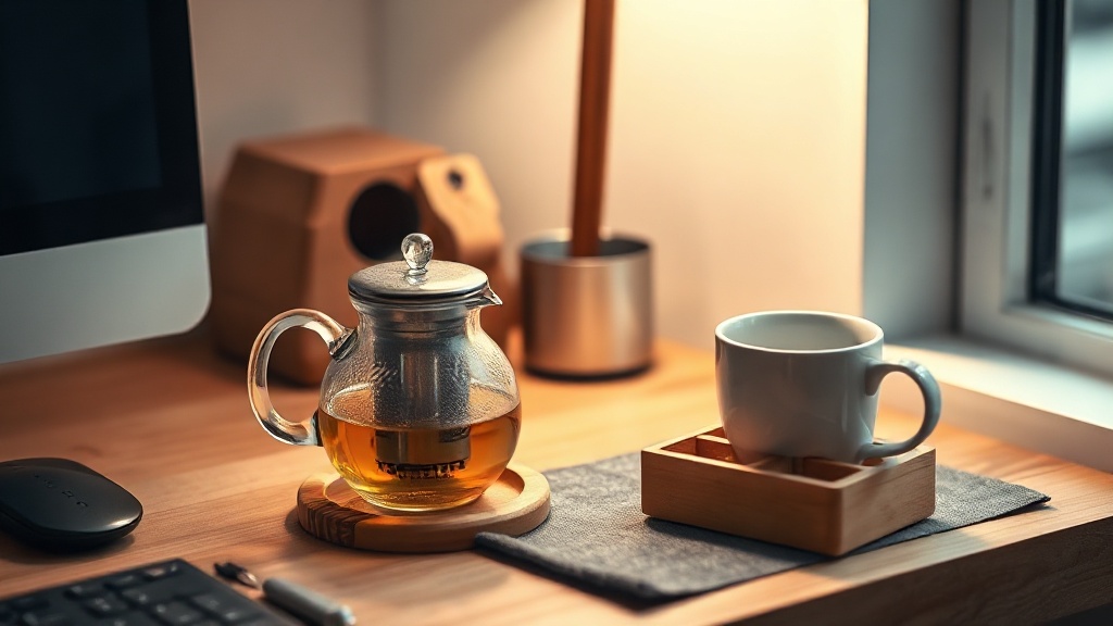 Coin bureau organisé pour la pause thé avec petite théière en verre, boite à thé en bois et tasse