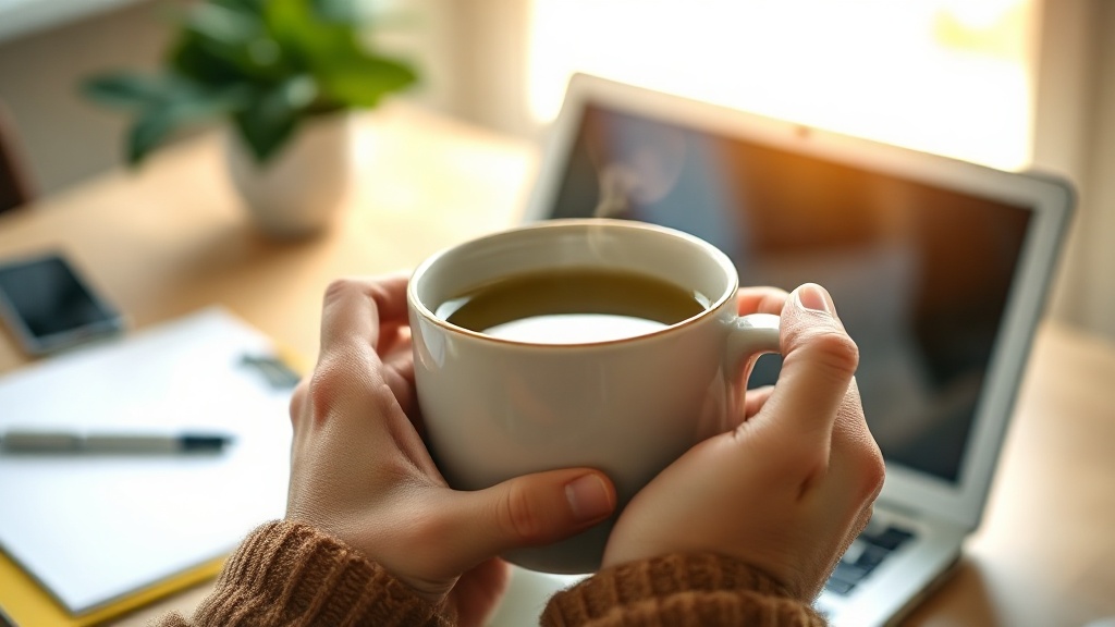 Mains tenant une tasse de thé vert fumante devant un ordinateur portable au bureau