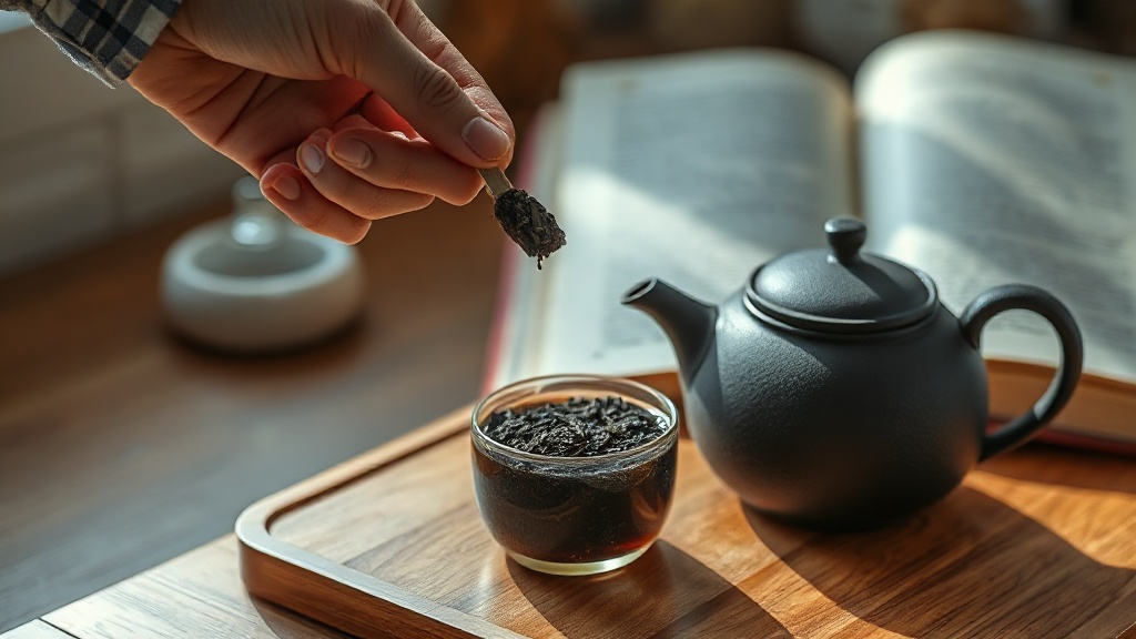 Main versant du thé en feuilles dans une théière en fonte japonaise, livre ouvert en arrière-plan