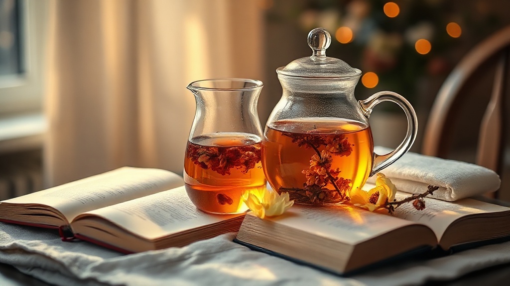 Théière en verre avec thé fleur qui infuse, roman ouvert à côté sur tissu en lin