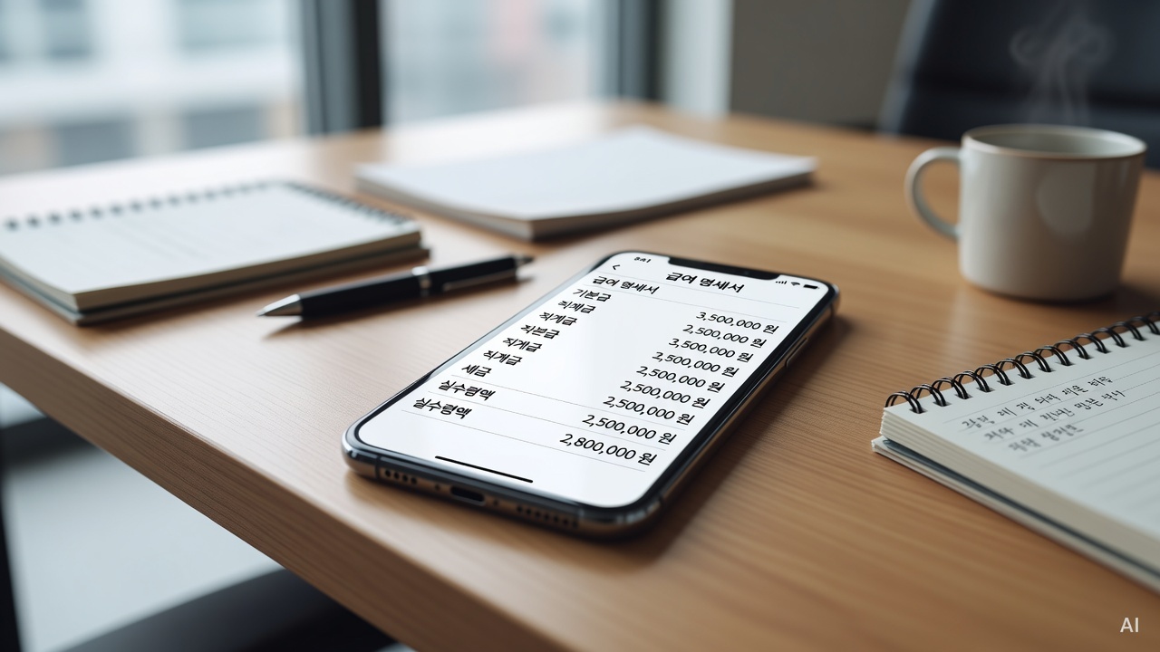 close-up of a pay stub on a smartphone screen placed on a desk