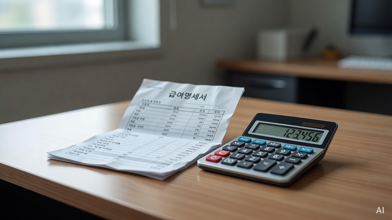 paycheck document and calculator placed on an office desk