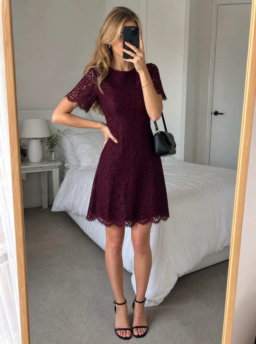 Burgundy Floral Lace Fit & Flare Dress – Very Good