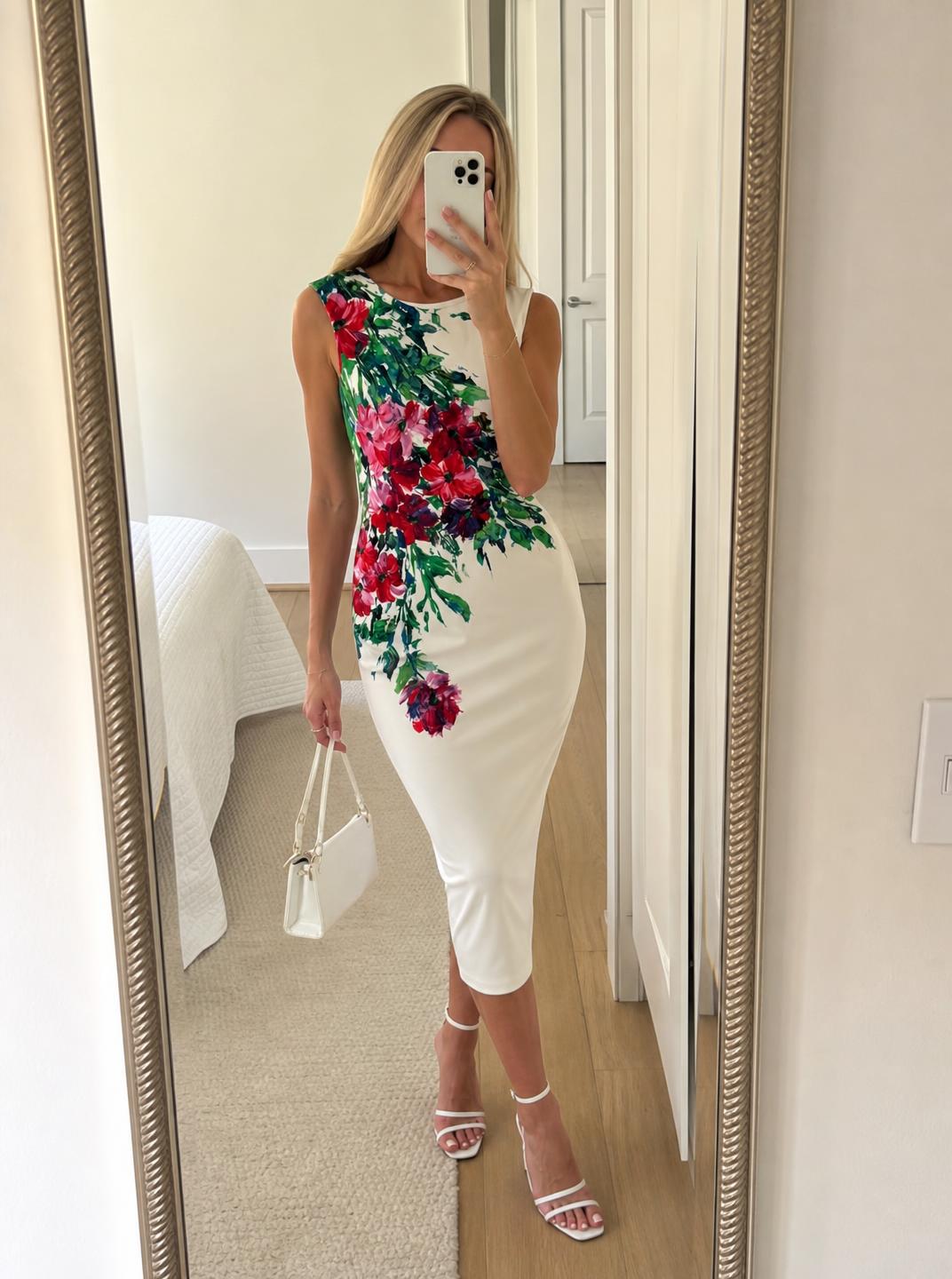 White Floral Fitted Sleeveless Dress – Bright Statement Print