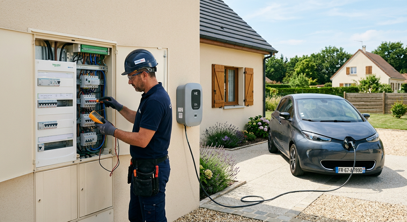 Installation d'une borne de recharge électrique IRVE dans une maison individuelle avec un professionnel vérifiant le tableau électrique.