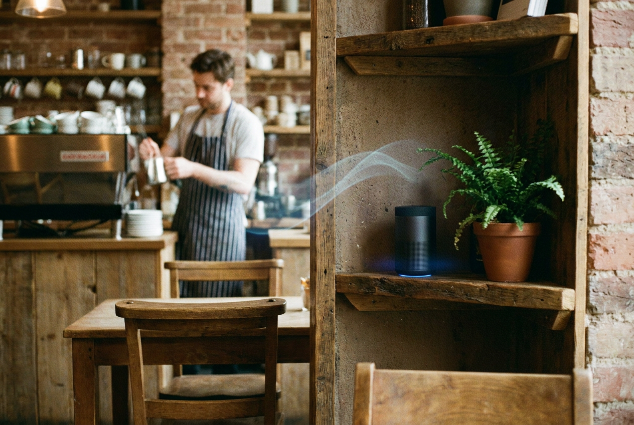 alt text: A small café speaker system playing AI-generated lo-fi music while a barista works behind the counter