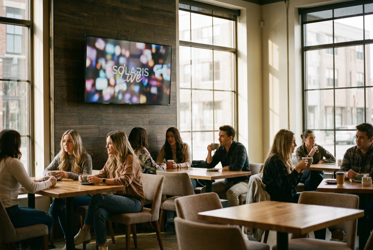 alt text: A café TV screen showing an AI-generated music video while customers relax