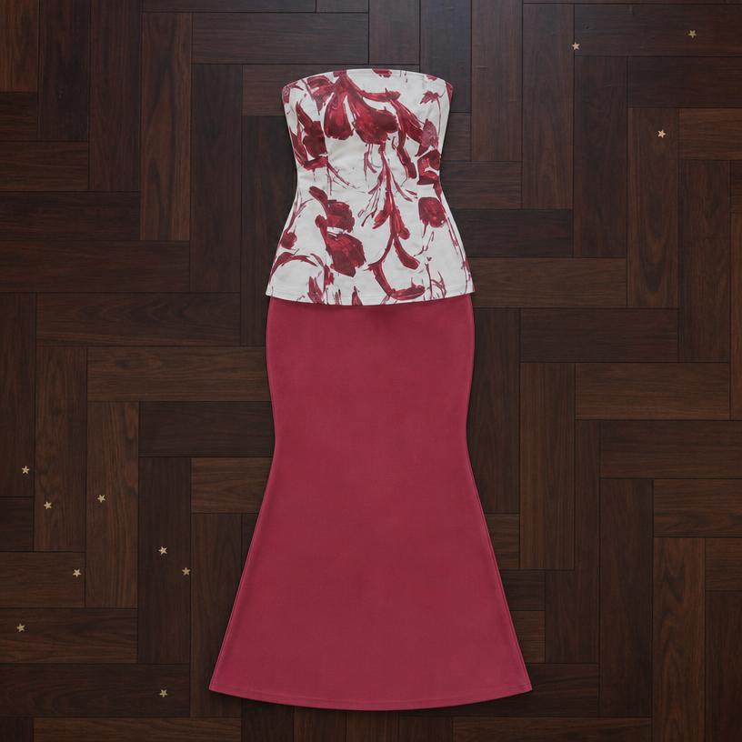 Strapless floral maxi dress burgundy and blue