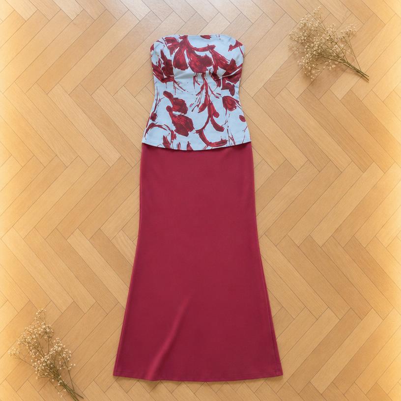 Strapless Floral Print Burgundy Maxi Dress