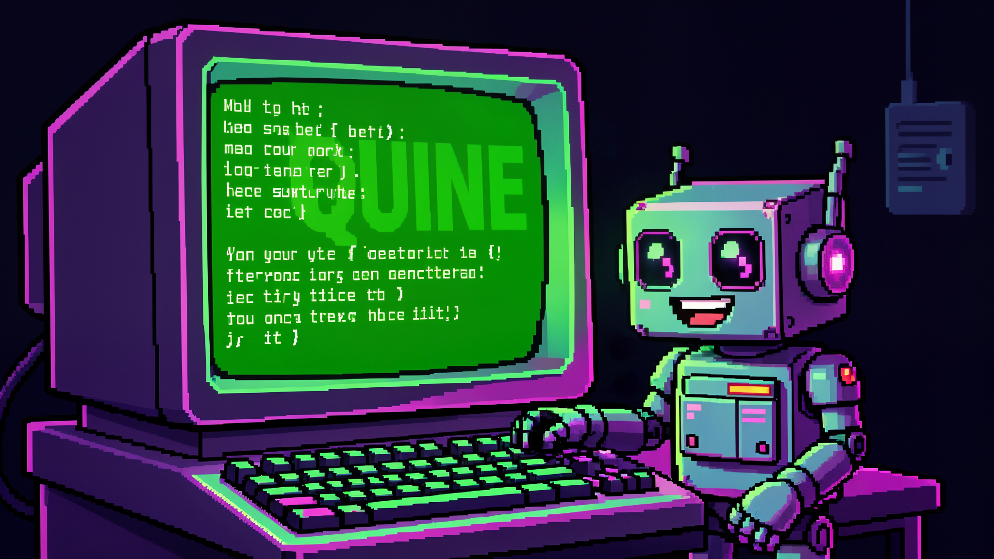 Petit robot qui imprime son propre code source sur un terminal vert néon