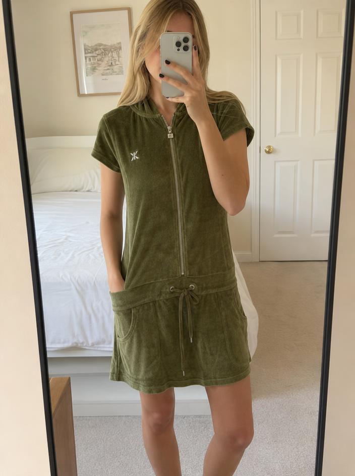 Olive Velour Hooded Playsuit with Zip Front