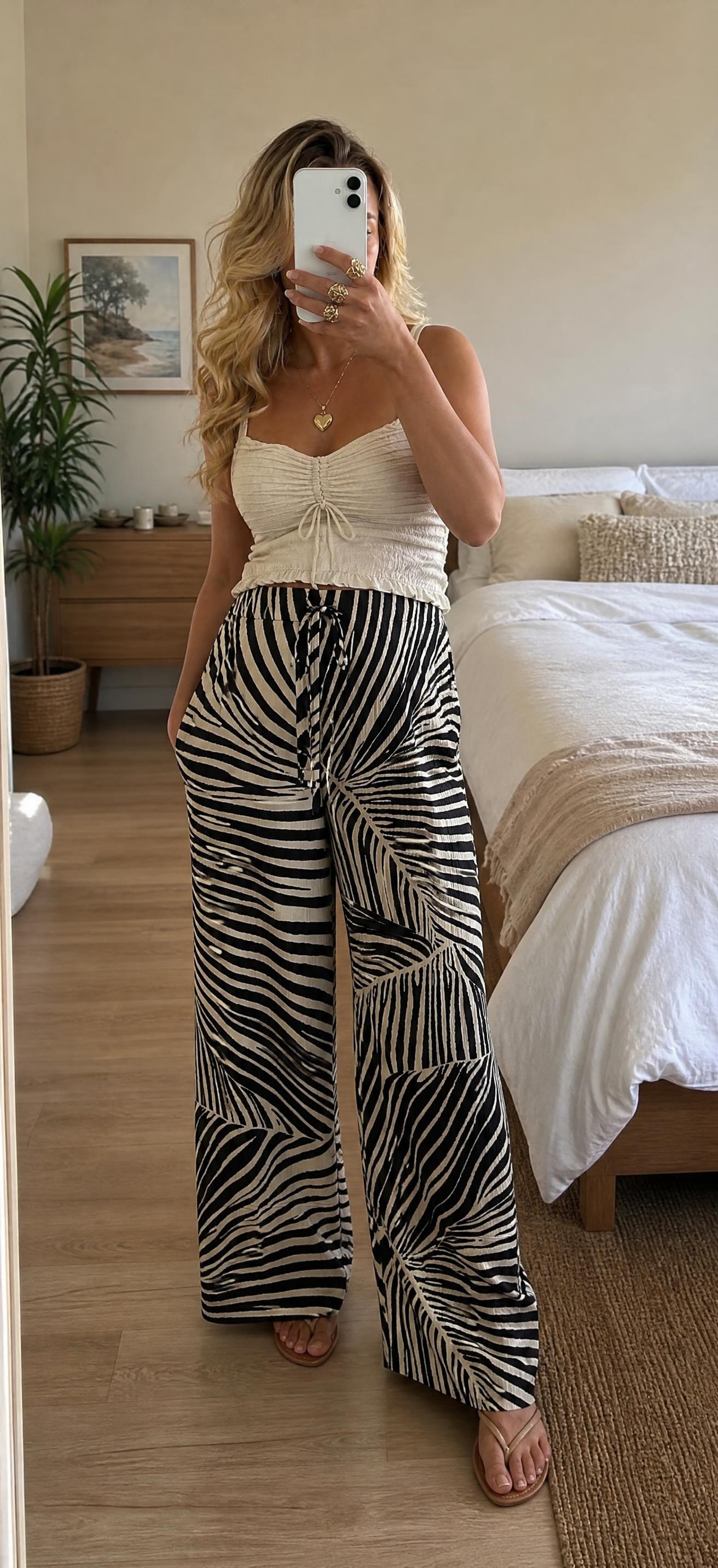 Black & Cream Zebra Print Wide-Leg Trousers