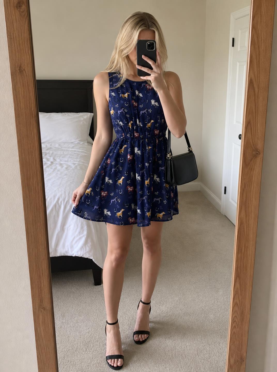 Navy Horse Print Sleeveless Skater Dress