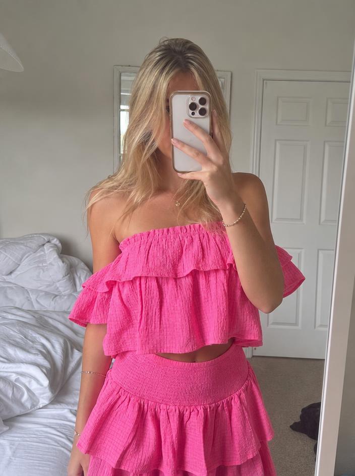Pink Crinkle Off-Shoulder Ruffle Dress – Very Good