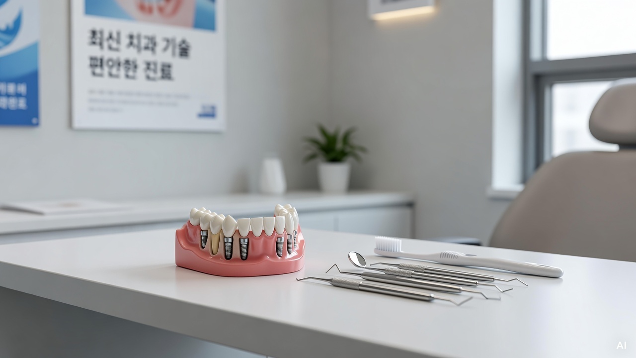 dental implant model on a white clinic desk with toothbrush and dental tools