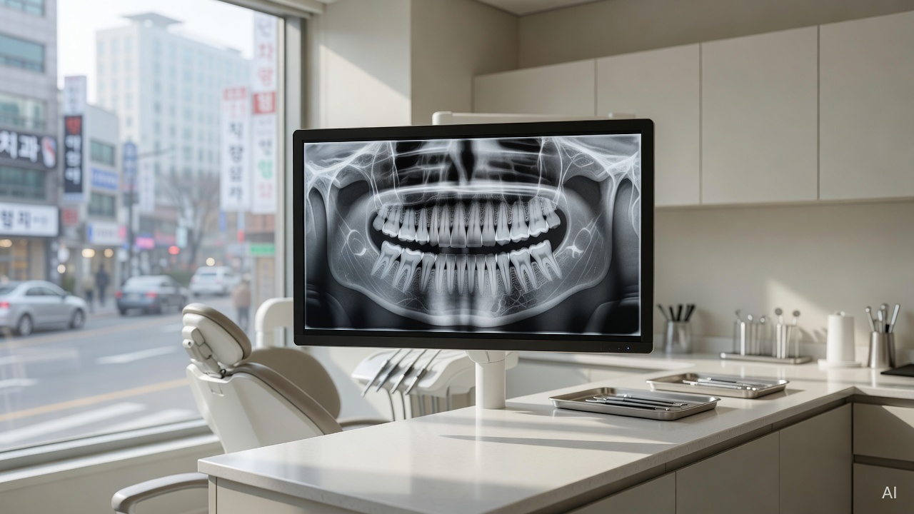 dental x-ray image displayed on a clinic monitor screen