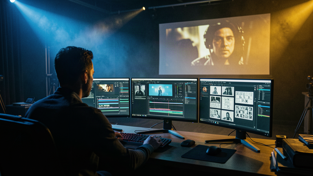 A film editor's desk with three monitors showing AI video timelines