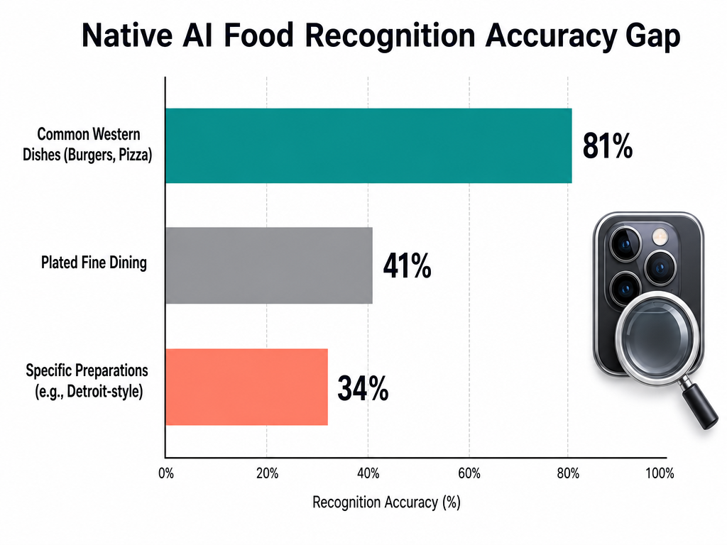 Bar chart showing AI food recognition accuracy: 81% for common dishes, 41% for fine dining, and 34% for specific regional preparations.