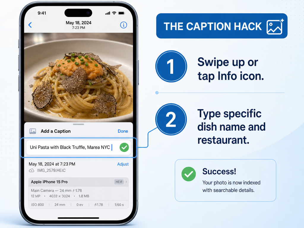 Smartphone interface demonstrating how to add a specific dish name to the photo caption field for better searchability.